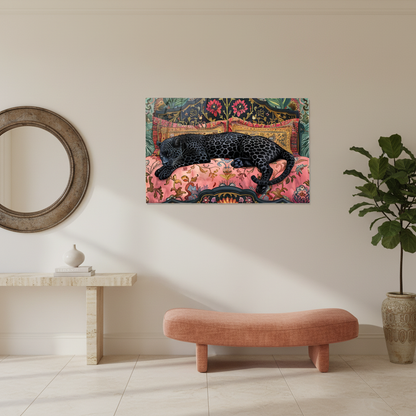 Black panther horizontal glass wall art in a warm ivory luxury entrance hall