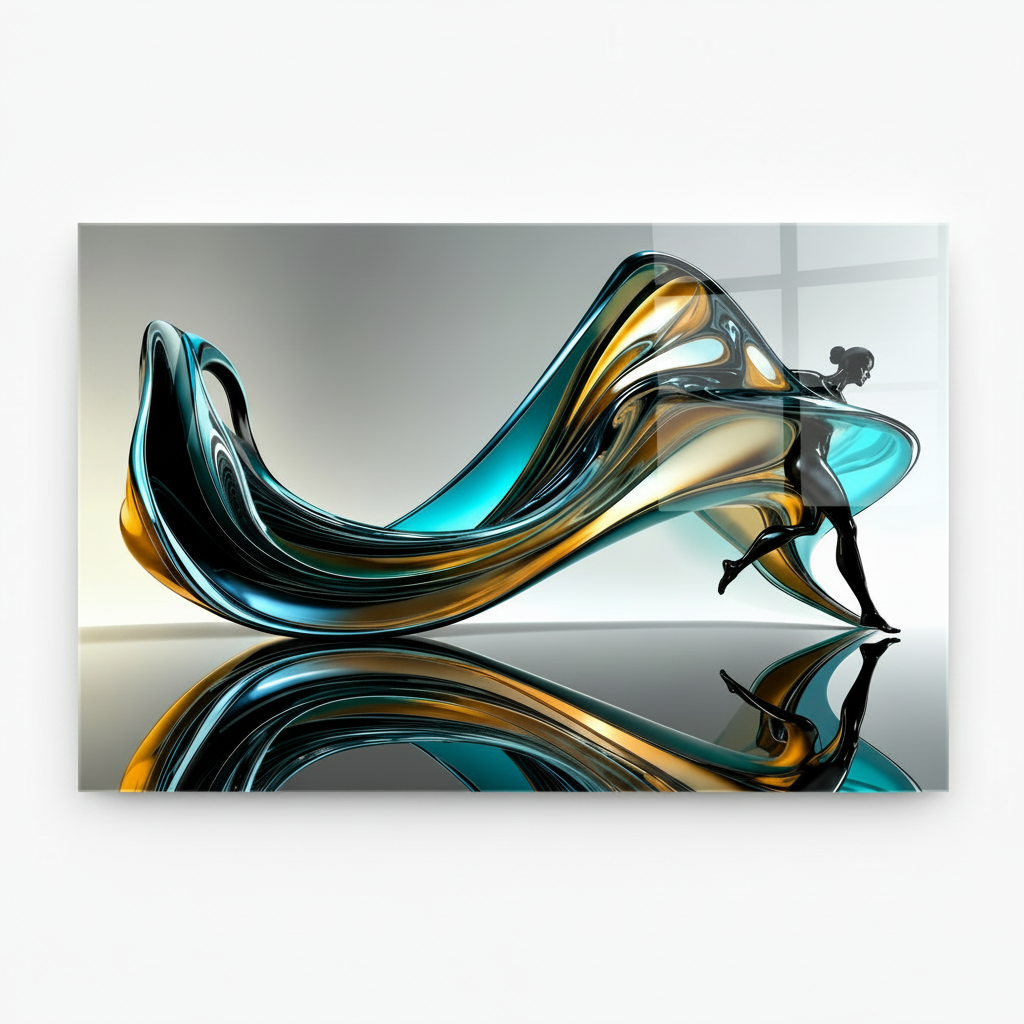 Y-304 abstract turquoise, black and gold figure glass wall art, exact 7 to 5 panel ratio on white 1:1 canvas