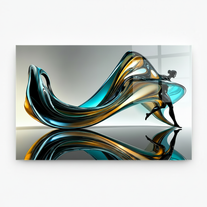 Y-304 abstract turquoise, black and gold figure glass wall art, exact 7 to 5 panel ratio on white 1:1 canvas