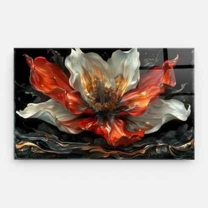 Fleur Abstraite Rouge et Blanche Tableau en Verre Trempé