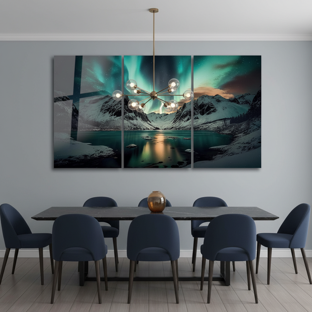 Northern lights mountain lake glass wall art triptych in a luxury cool grey dining room