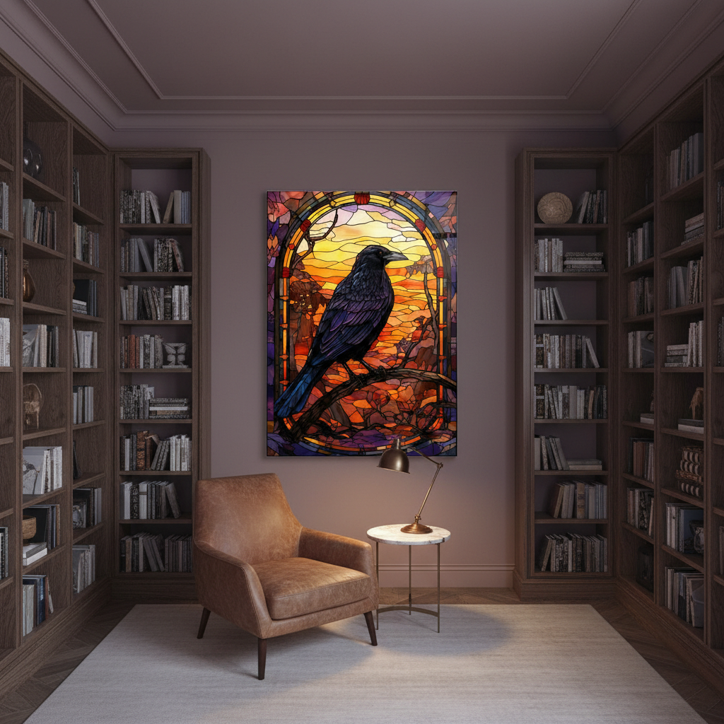 Raven Stained Glass Wall Art displayed in an elegant library and reading room with dusty mauve walls.