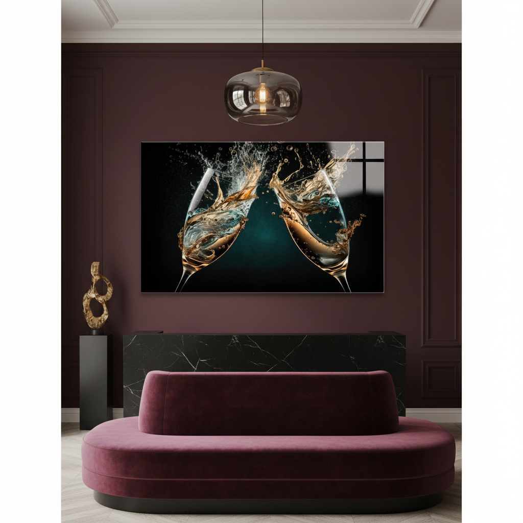 LMT-050 champagne glasses splash glass wall art in a luxury restaurant foyer