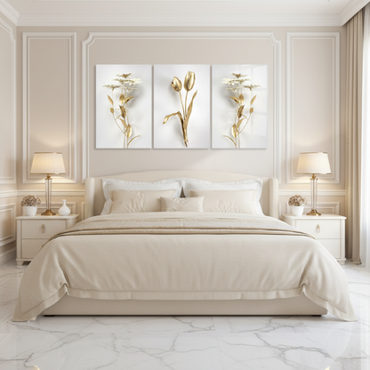 Golden Tulips Daisies Glass Wall Art - Bedroom
