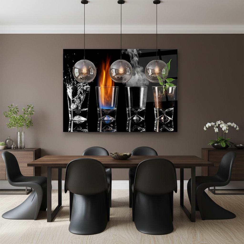 Y-307 four elements water fire smoke plant glass wall art in a luxury dining room