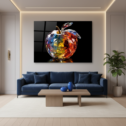 Split-Tone Crystal Apple Glass Wall Art displayed in a refined living room with warm grey walls.
