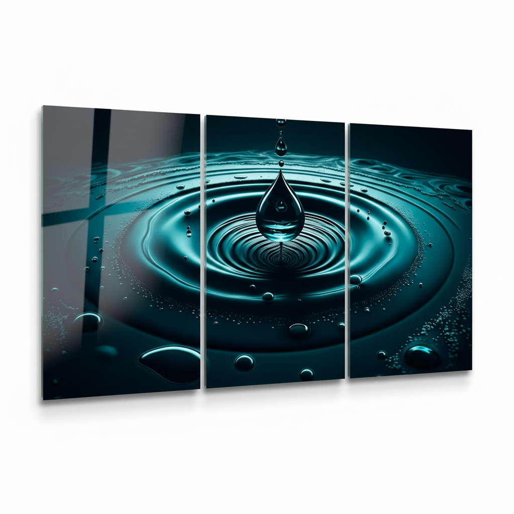 Teal water drop triptych glass wall art, view from the left, printed on tempered glass, white background