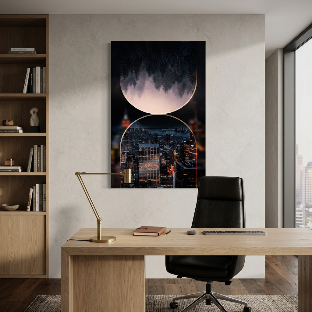 D-176 forest and night city glass wall art in grey office