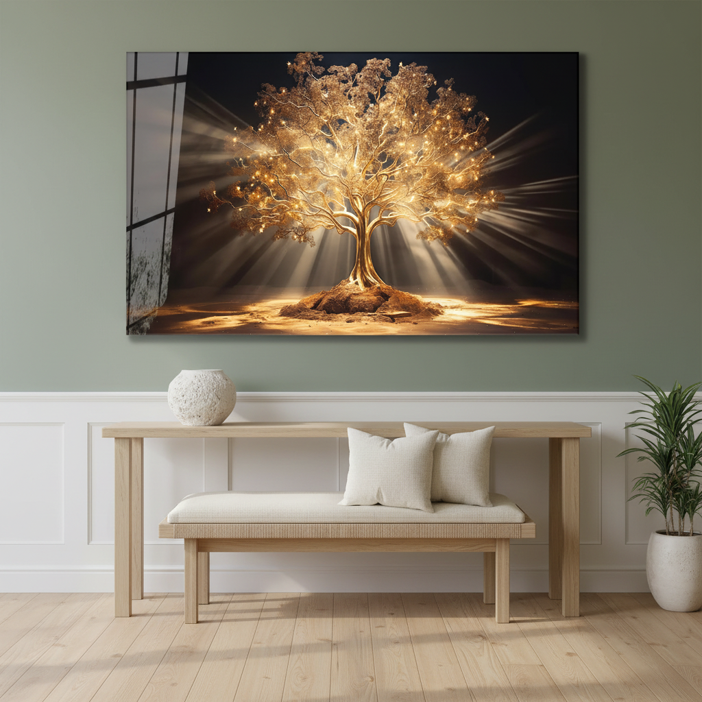 LMT-045 golden Tree of Life glass wall art in a luxury wellness studio