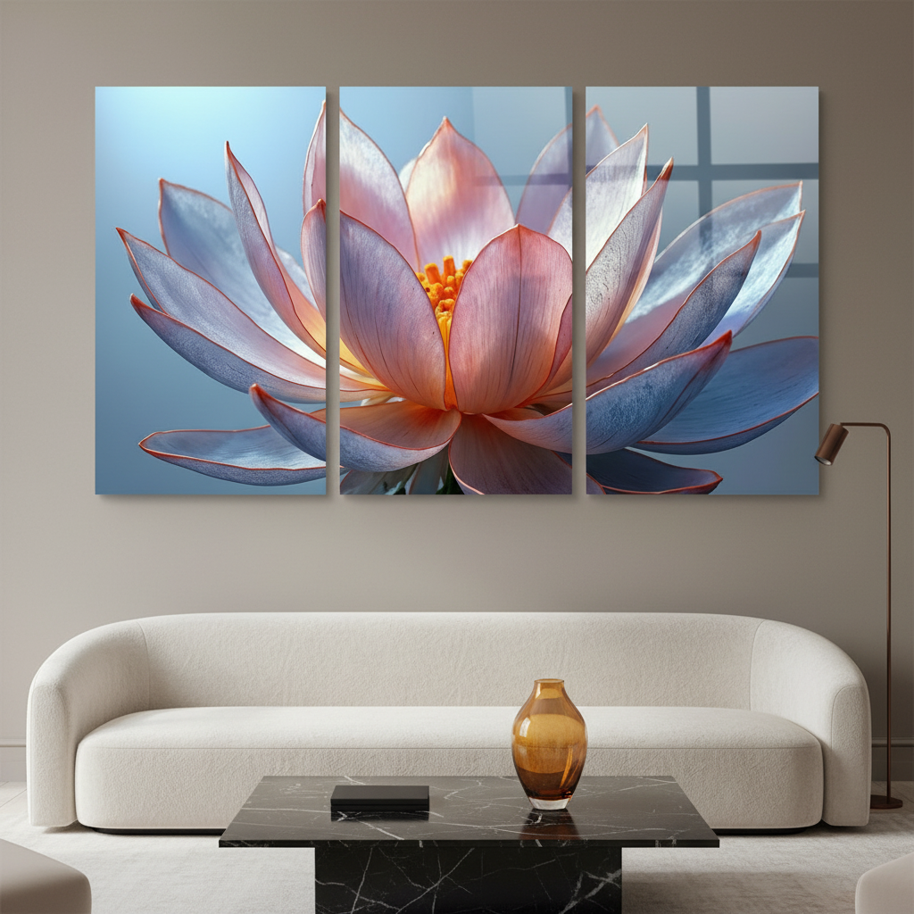 T-38 lotus flower triptych glass wall art in a luxury living room with warm greige walls