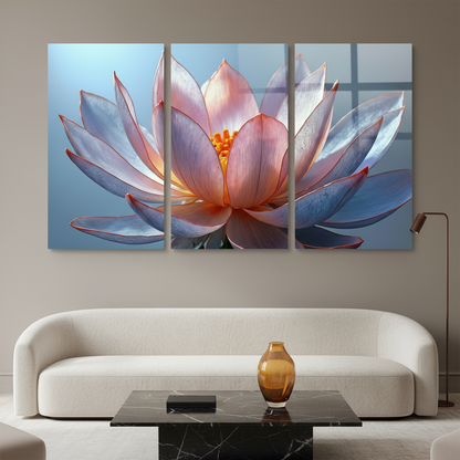 T-38 lotus flower triptych glass wall art in a luxury living room with warm greige walls