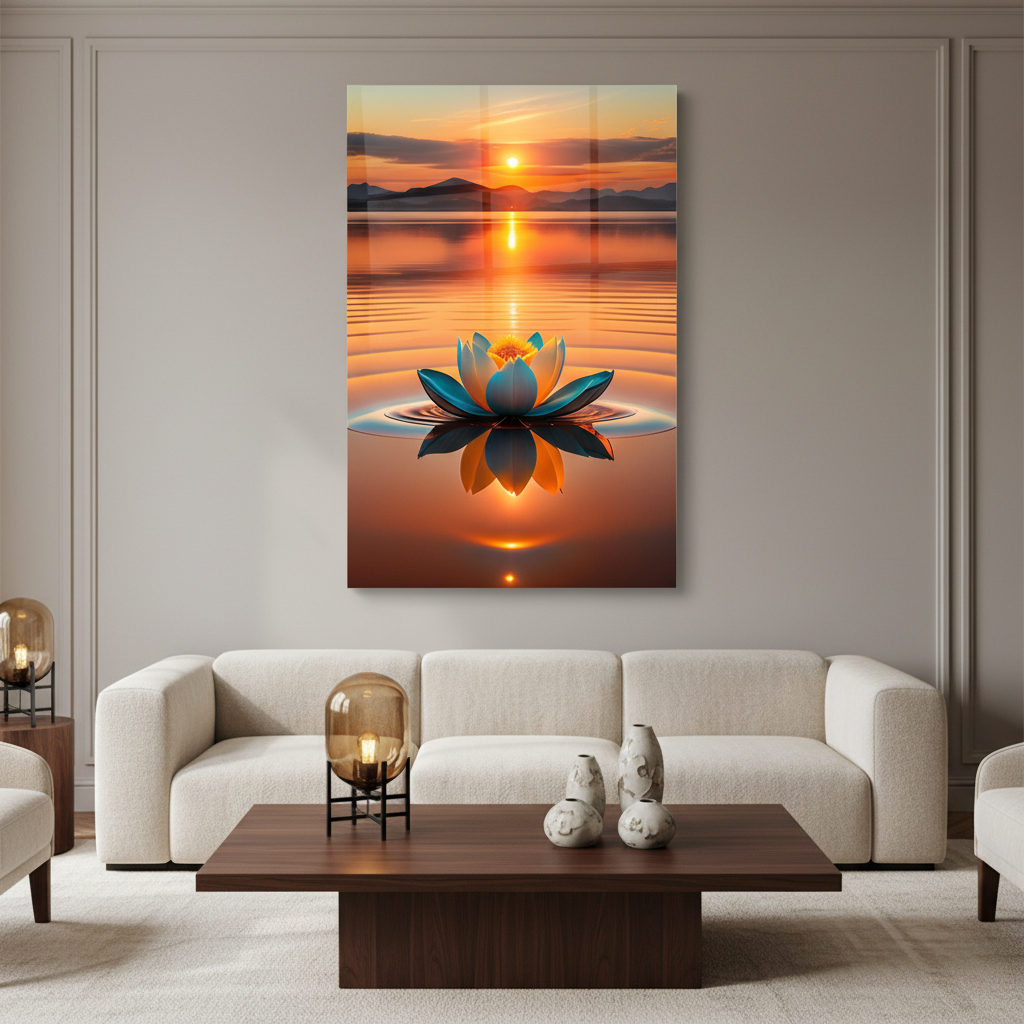 Sunset Lotus Glass Wall Art displayed in an elegant living room with warm-grey walls.