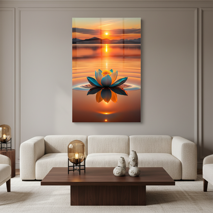 Sunset Lotus Glass Wall Art displayed in an elegant living room with warm-grey walls.