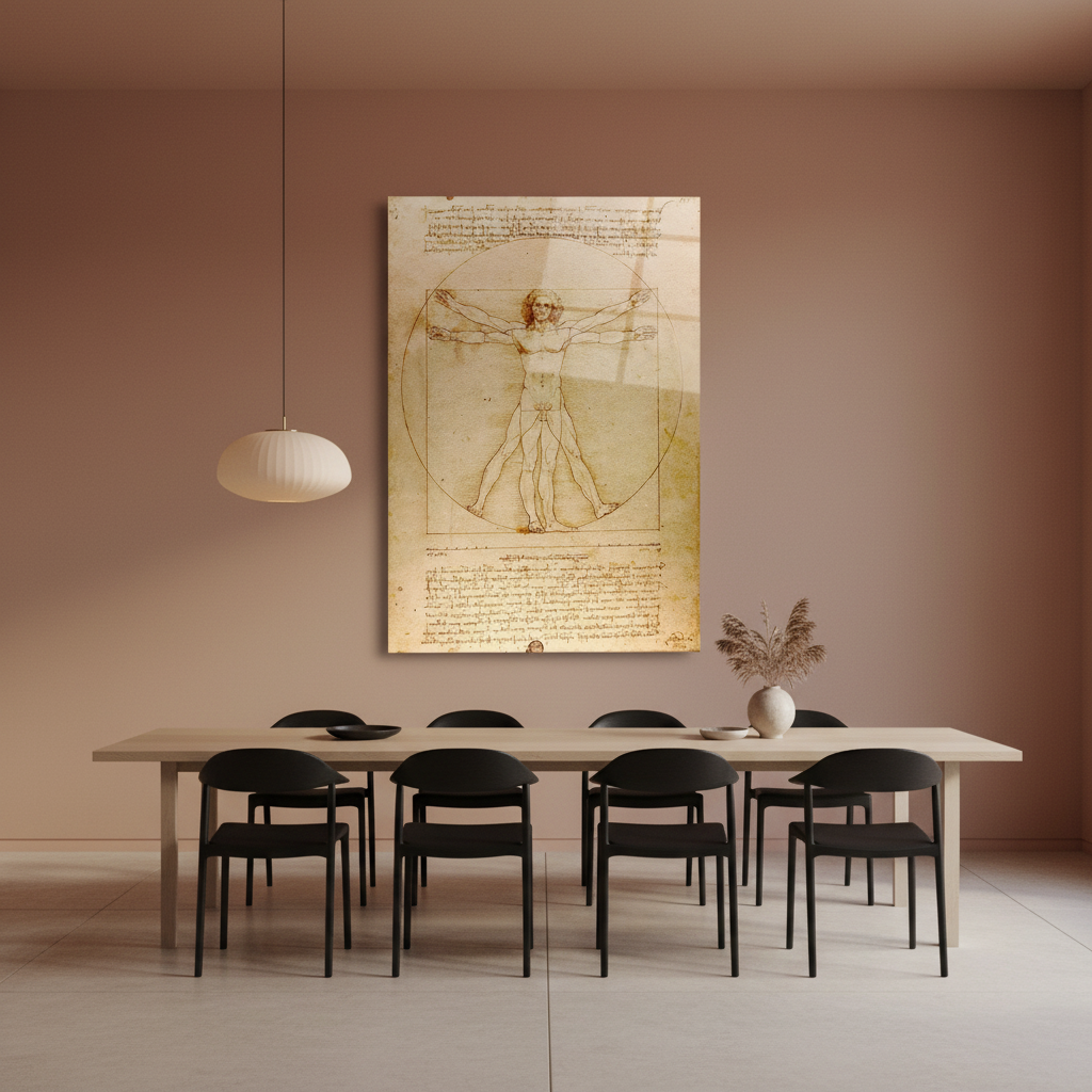Vitruvian Man Glass Wall Art displayed in a curated dining room with soft terracotta walls.
