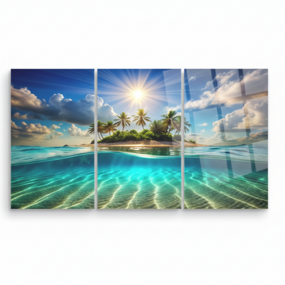 Front view of tropical island paradise triptych glass wall art with turquoise water and palm island
