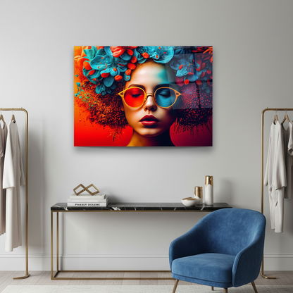 Colorful Fashion Woman Glass Wall Art in a fashion dressing room with a blue chair