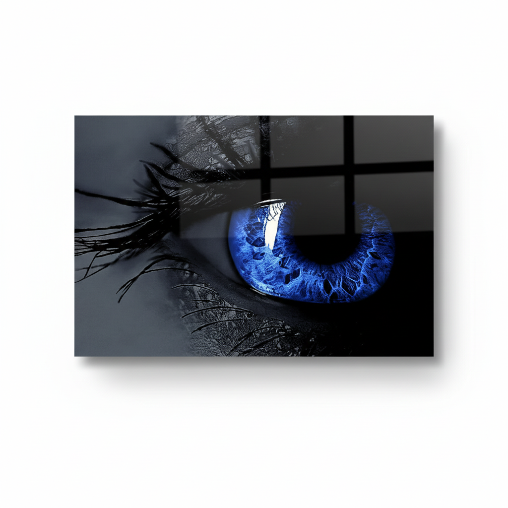 Y-298 electric blue eye glass wall art, front view with original wide panel proportions