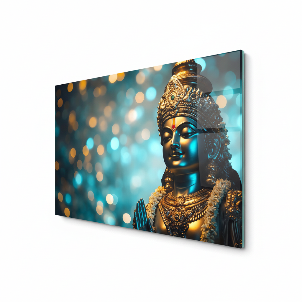 LMT-055 serene Indian deity portrait with ornate gold crown and teal highlights, right side view glass wall art