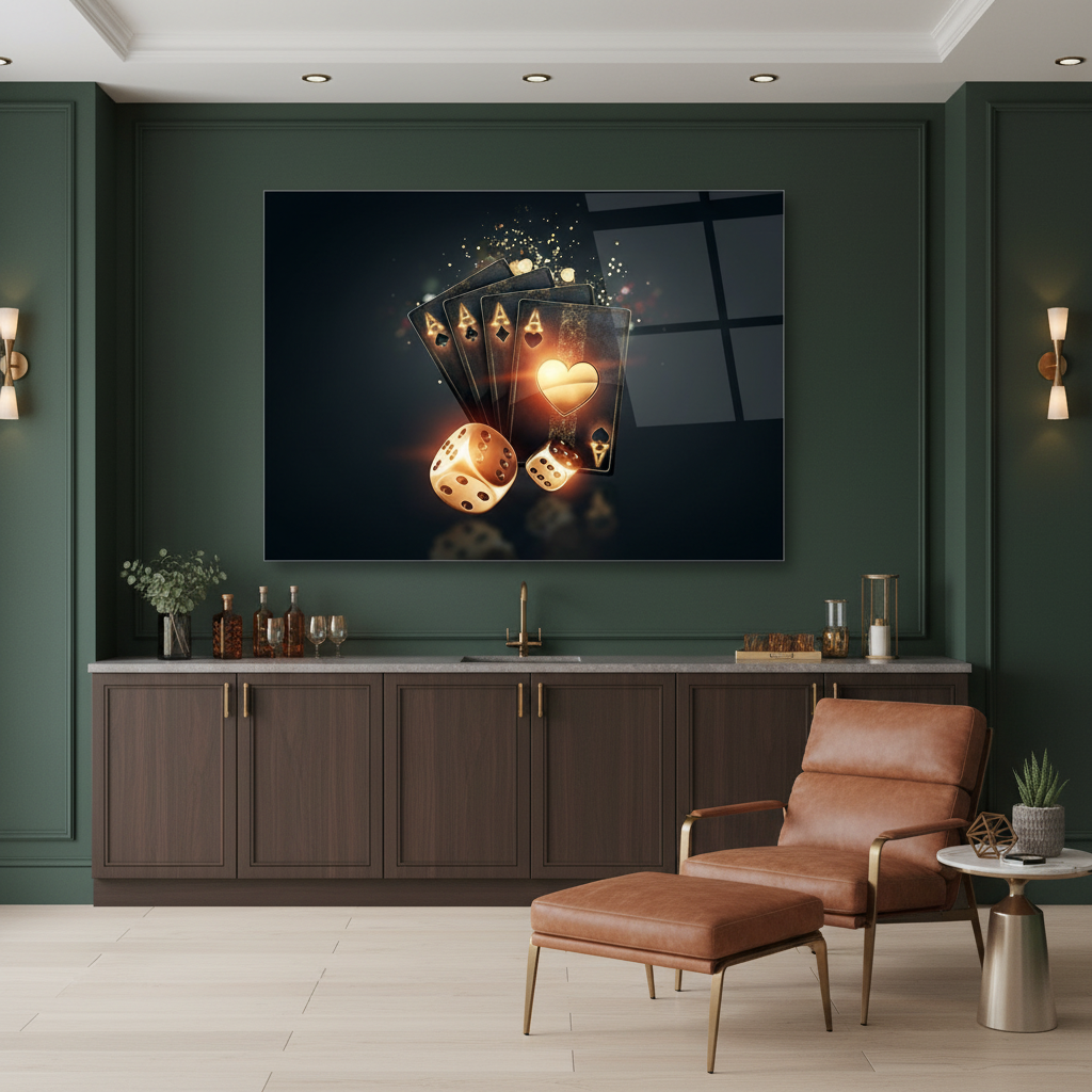 Playing cards and glowing golden dice glass wall art displayed in a luxury home bar