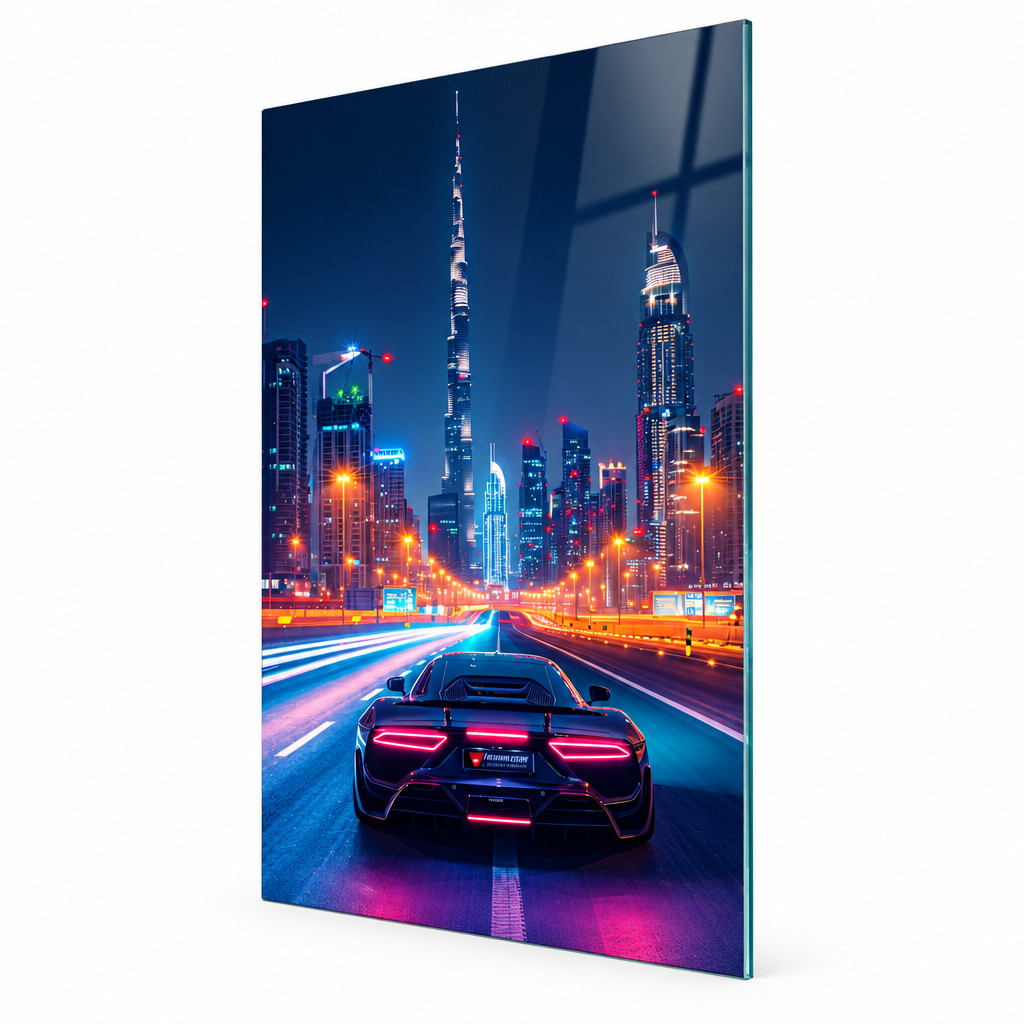 Neon city sports car glass wall art, right angle view