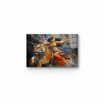 Y-296 Goddess Durga riding a tiger glass wall art, front view on a pure white background