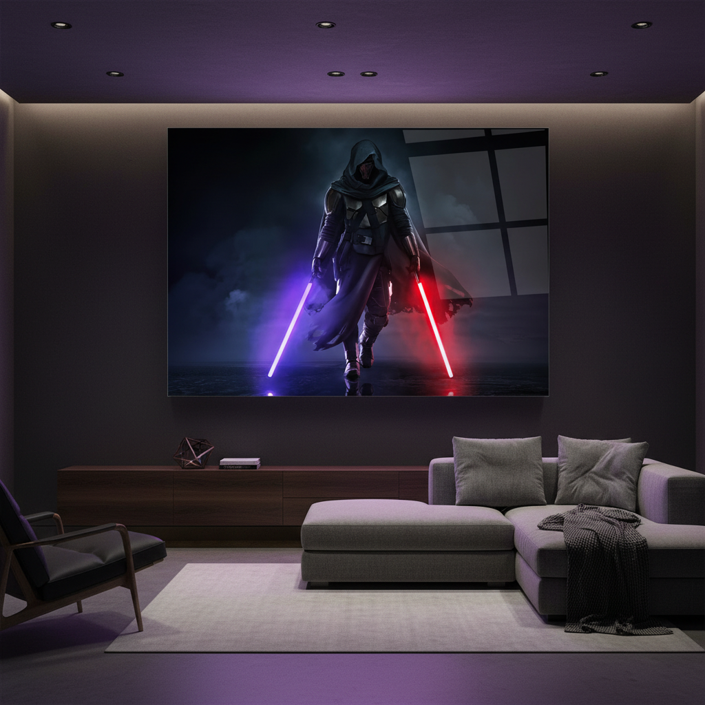 Darth Revan glass wall art above a charcoal sectional in a luxury gaming room