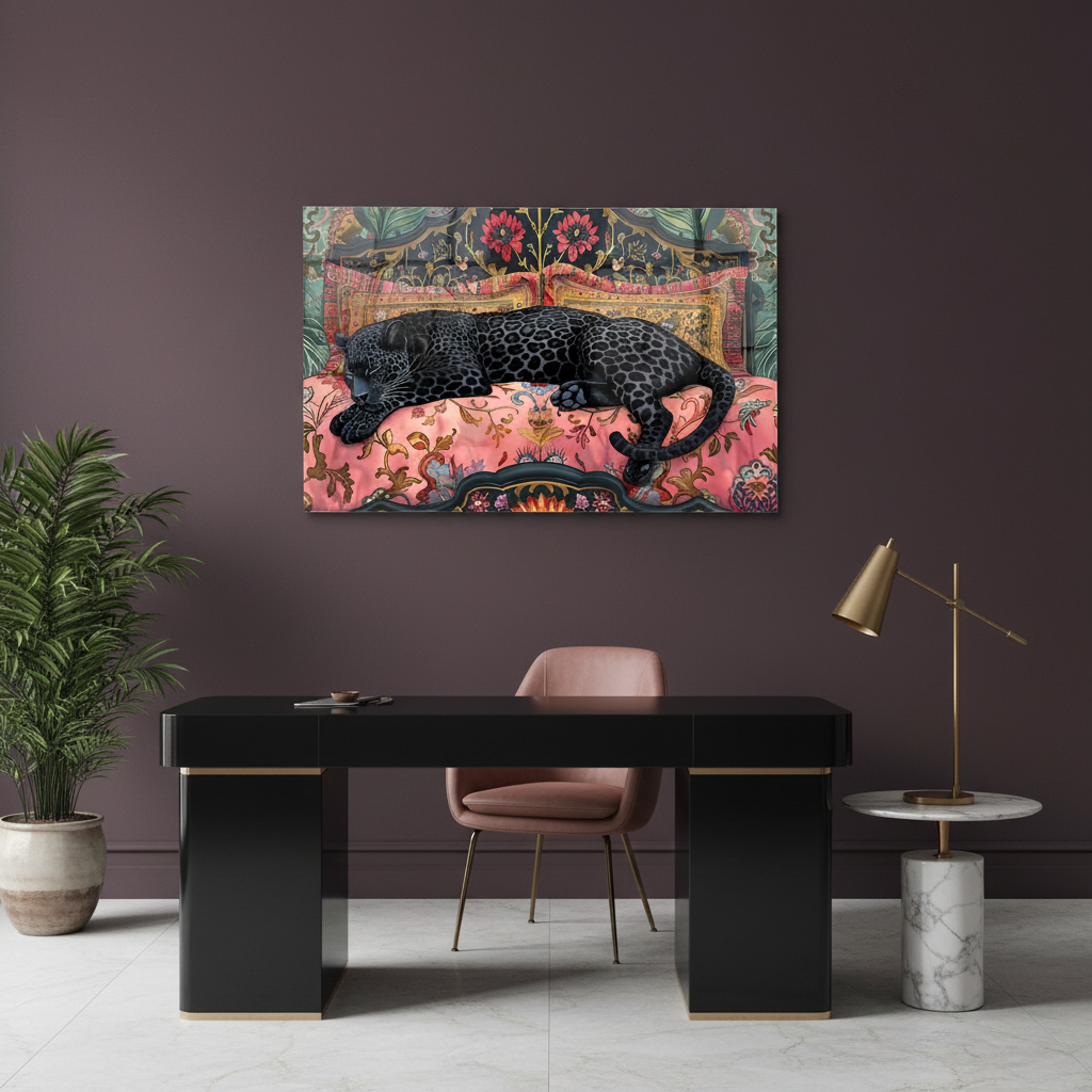 Black panther horizontal glass wall art in a deep plum luxury office