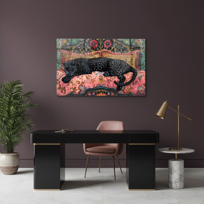 Black panther horizontal glass wall art in a deep plum luxury office
