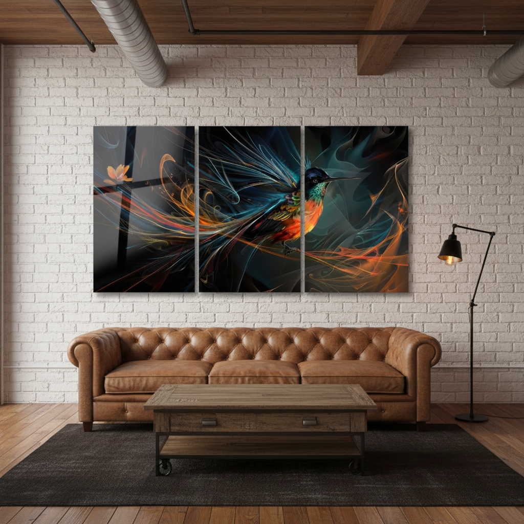 Hummingbird glass wall art triptych hanging in an industrial loft with white brick walls, cognac leather sofa and black metal floor lamp