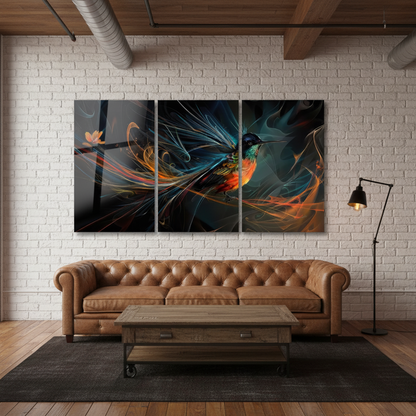Hummingbird glass wall art triptych hanging in an industrial loft with white brick walls, cognac leather sofa and black metal floor lamp