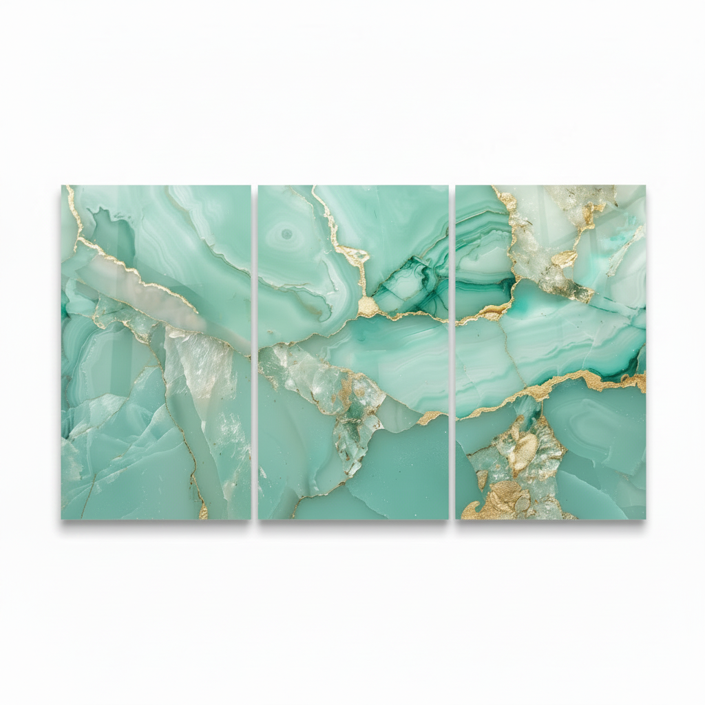 Square 1:1 presentation of the aqua agate marble glass wall art triptych on an extended pure white background