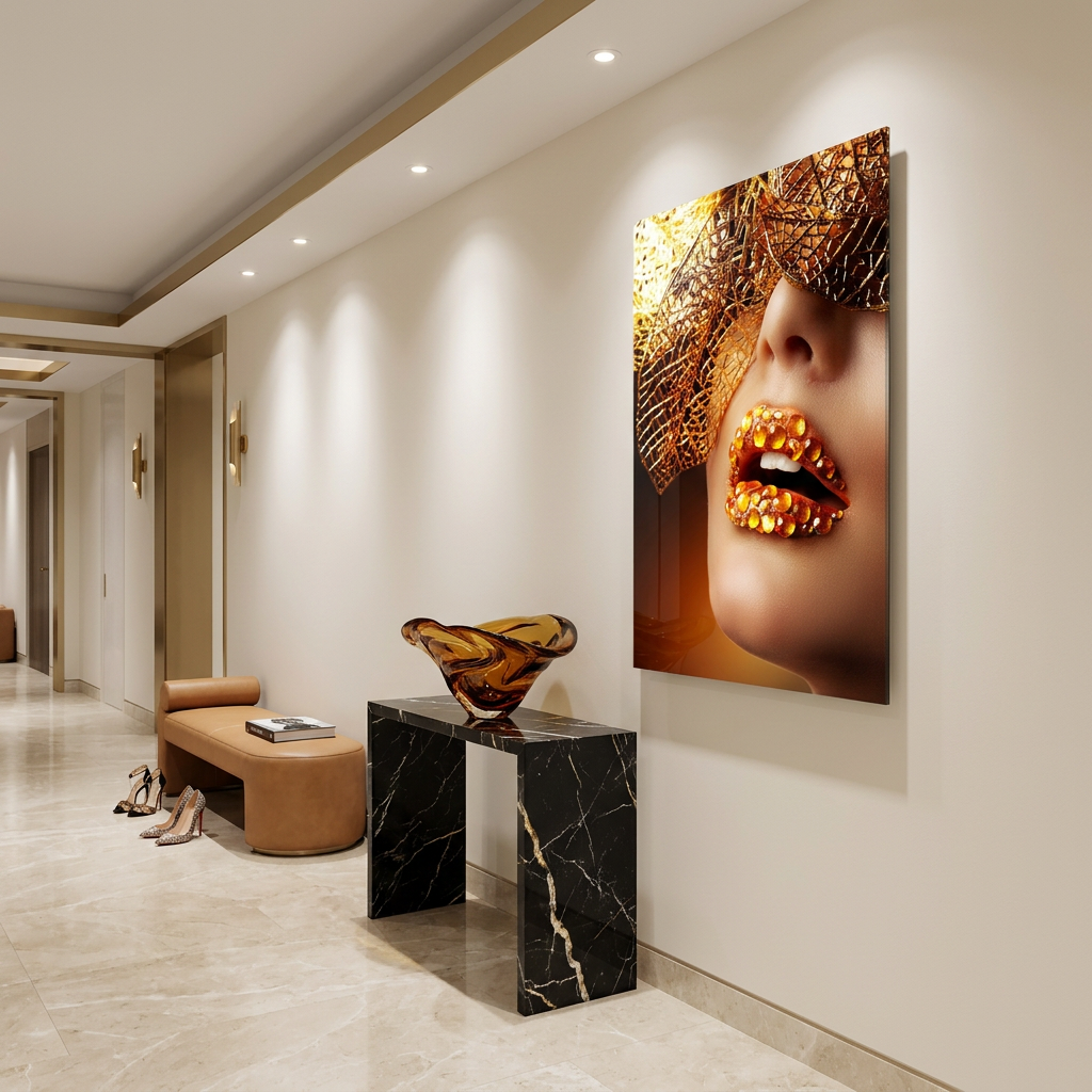 D-179 gold jeweled lips glass wall art in cream entrance hall