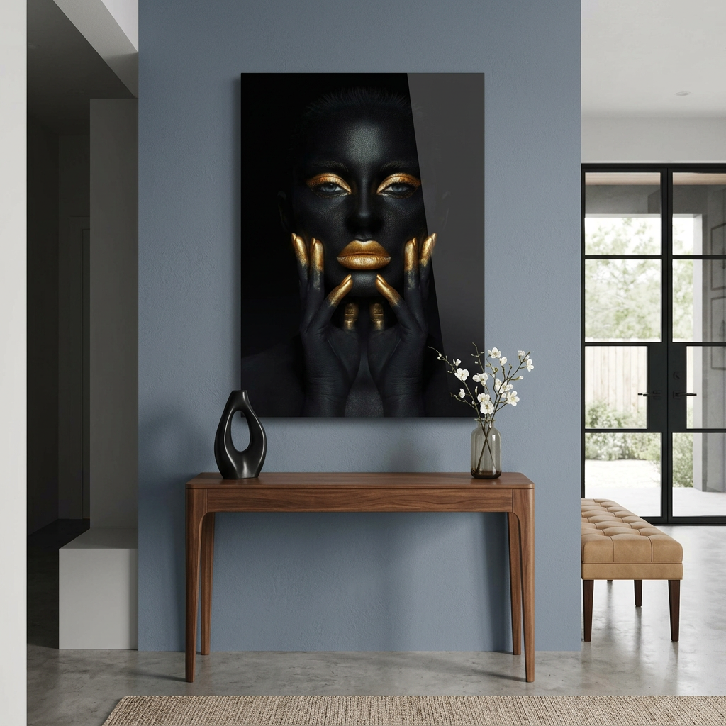 D-184 black and gold woman portrait glass wall art in slate blue entrance hall