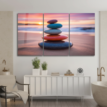 Sunset balance stones glass triptych in a luxury warm grey spa bathroom