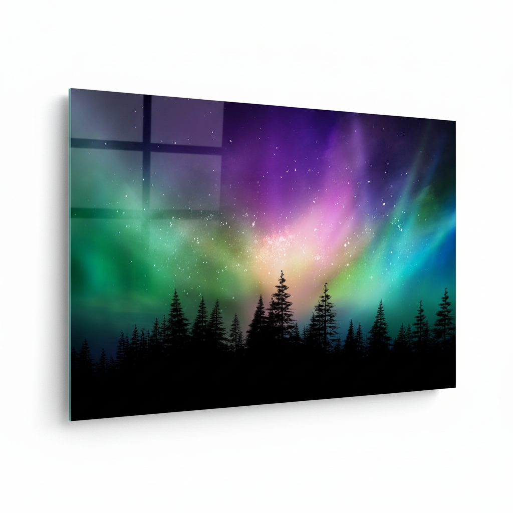 Y-295 aurora borealis over an evergreen forest glass wall art, left side view