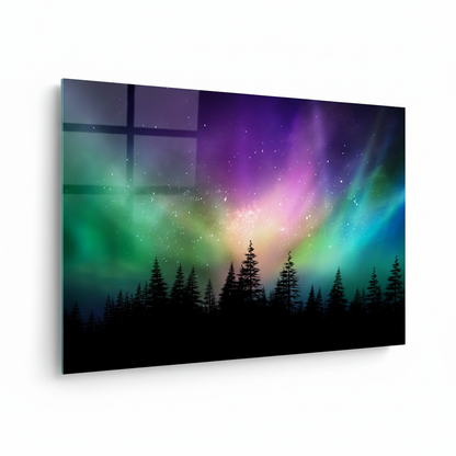 Y-295 aurora borealis over an evergreen forest glass wall art, left side view