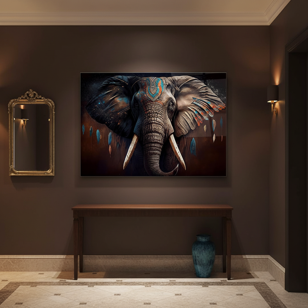 Elephant Portrait Glass Wall Art above a console in a luxury boutique entrance hall