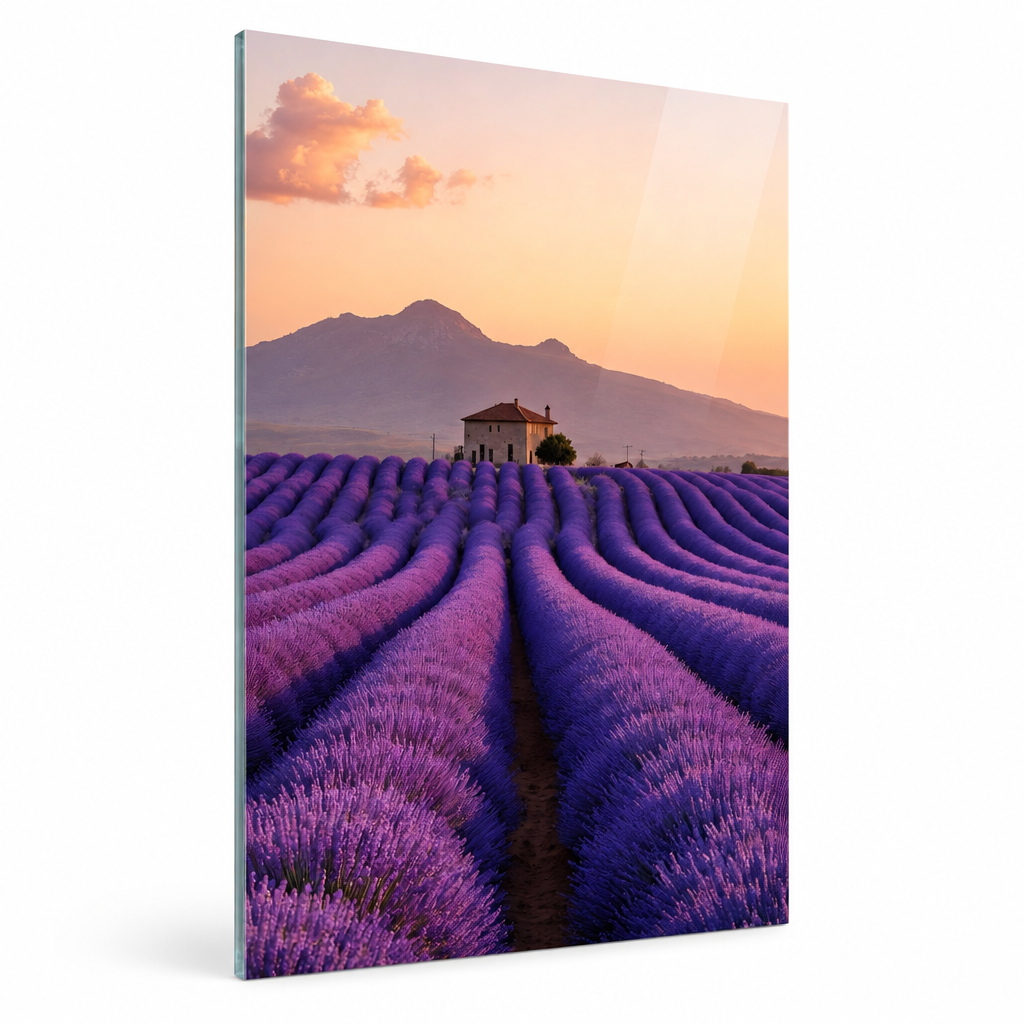 Provence lavender field glass wall art, left angle view, 5:7 panel