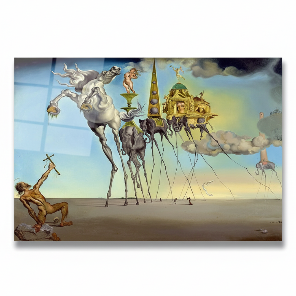 Perfectly frontal view of surrealist horizontal glass wall art on white background