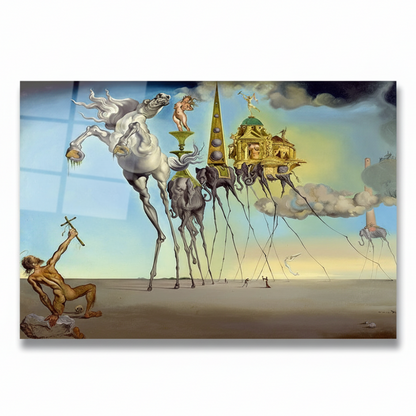 Perfectly frontal view of surrealist horizontal glass wall art on white background