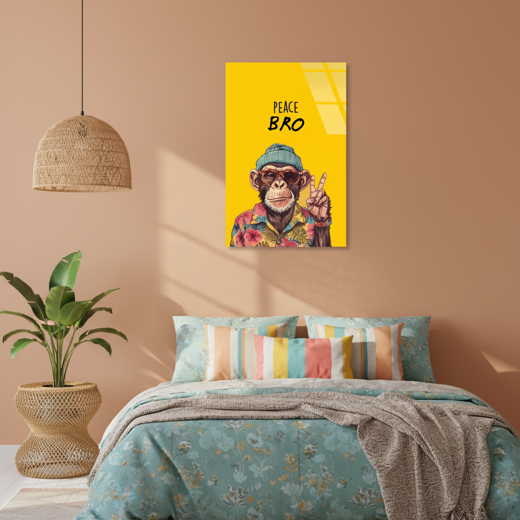 Square 1:1 tropical bedroom mockup of LMT-011, the yellow Peace Bro chimp glass wall art above a colorful bed with turquoise and peach décor.