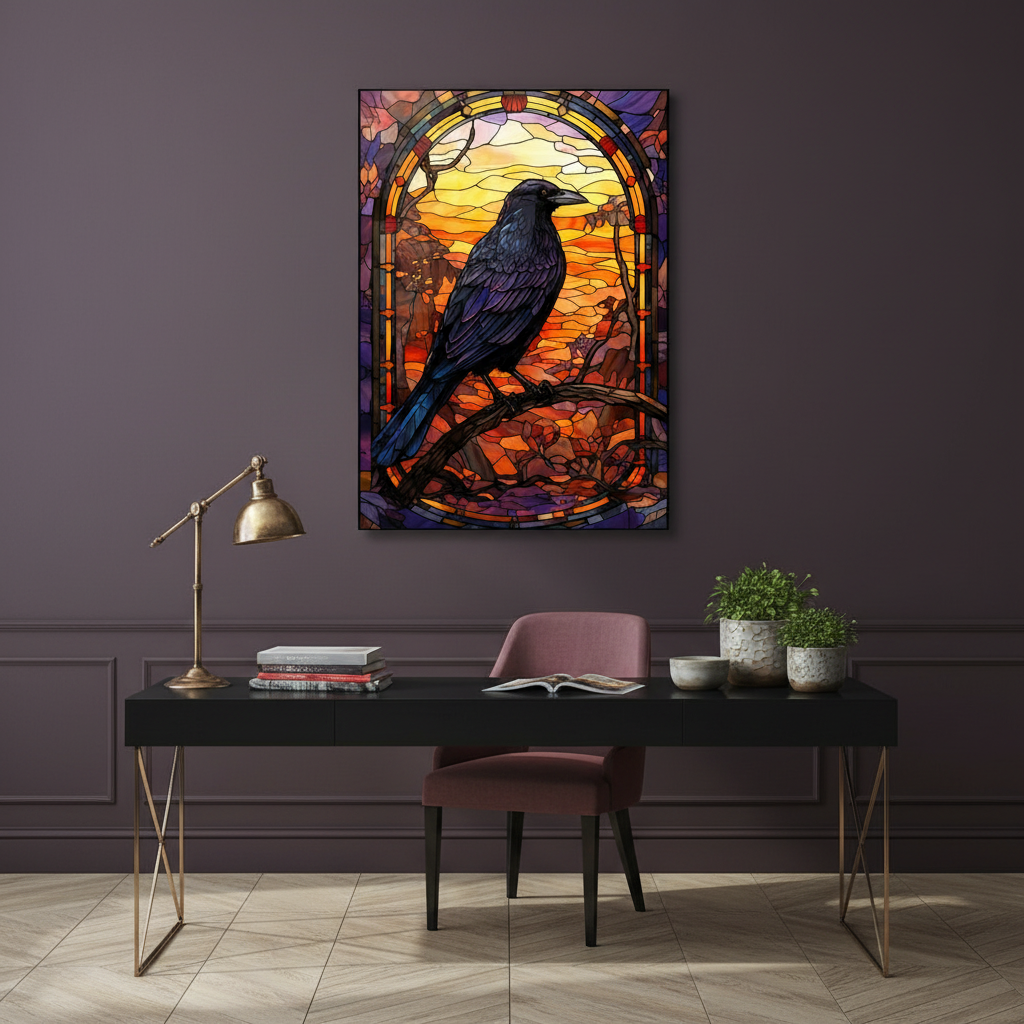 Raven Stained Glass Wall Art displayed in a sophisticated home office with deep aubergine walls.