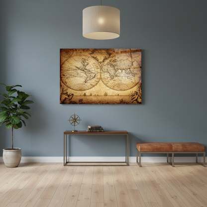 Antique sepia world map glass wall art in a luxury entrance hall