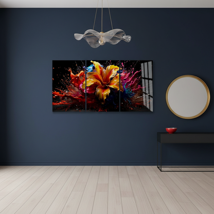 T-42 abstract color splash flower triptych glass wall art in a luxury entrance hall with deep navy walls