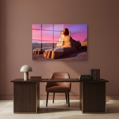 Horizontal glass wall art featuring the Sphinx of Giza at sunset displayed in a sophisticated terracotta home office