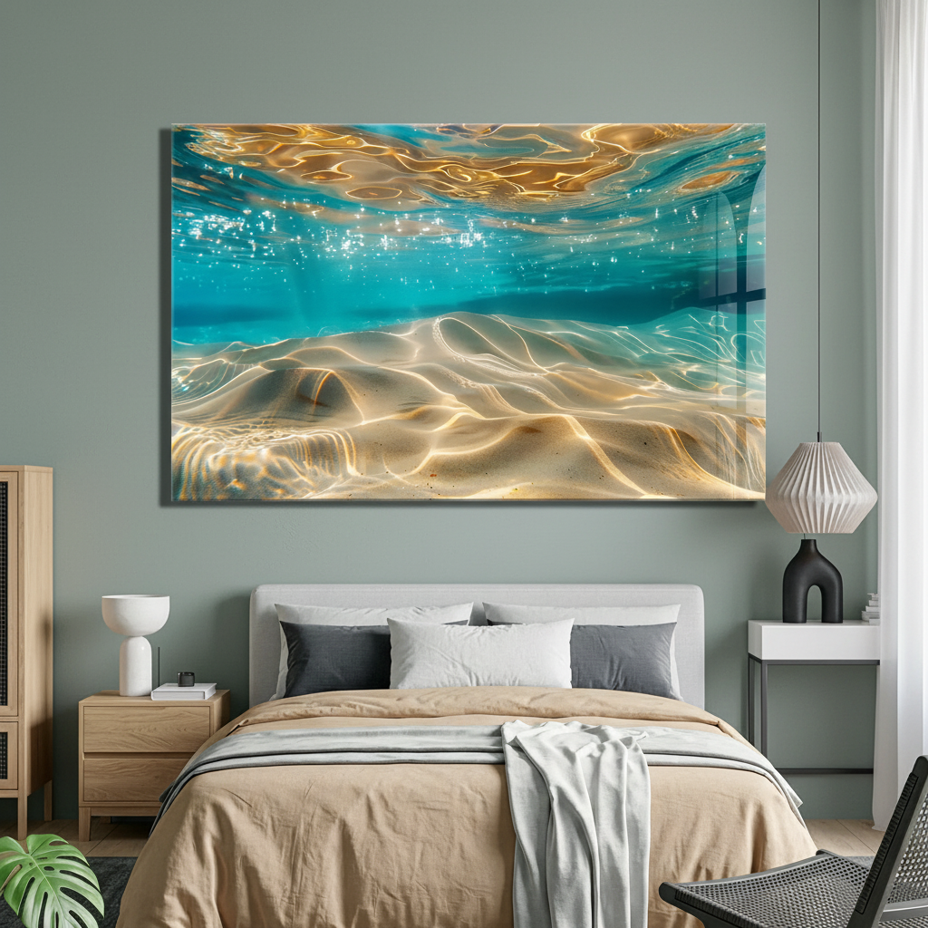 LMT-049 turquoise cyan underwater abstract glass wall art in a luxury bedroom
