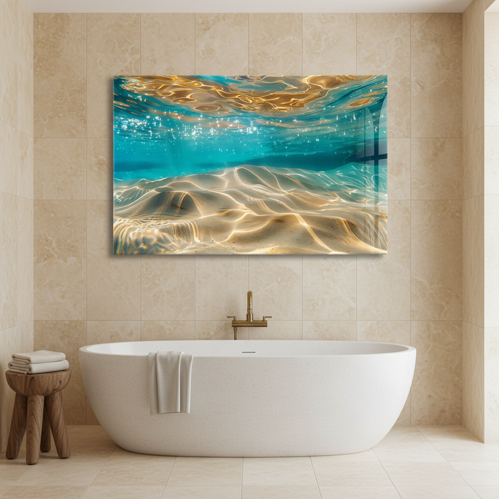 LMT-049 turquoise cyan underwater abstract glass wall art in a luxury spa bathroom