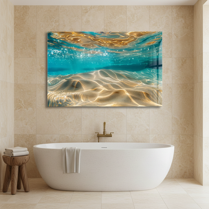 LMT-049 turquoise cyan underwater abstract glass wall art in a luxury spa bathroom