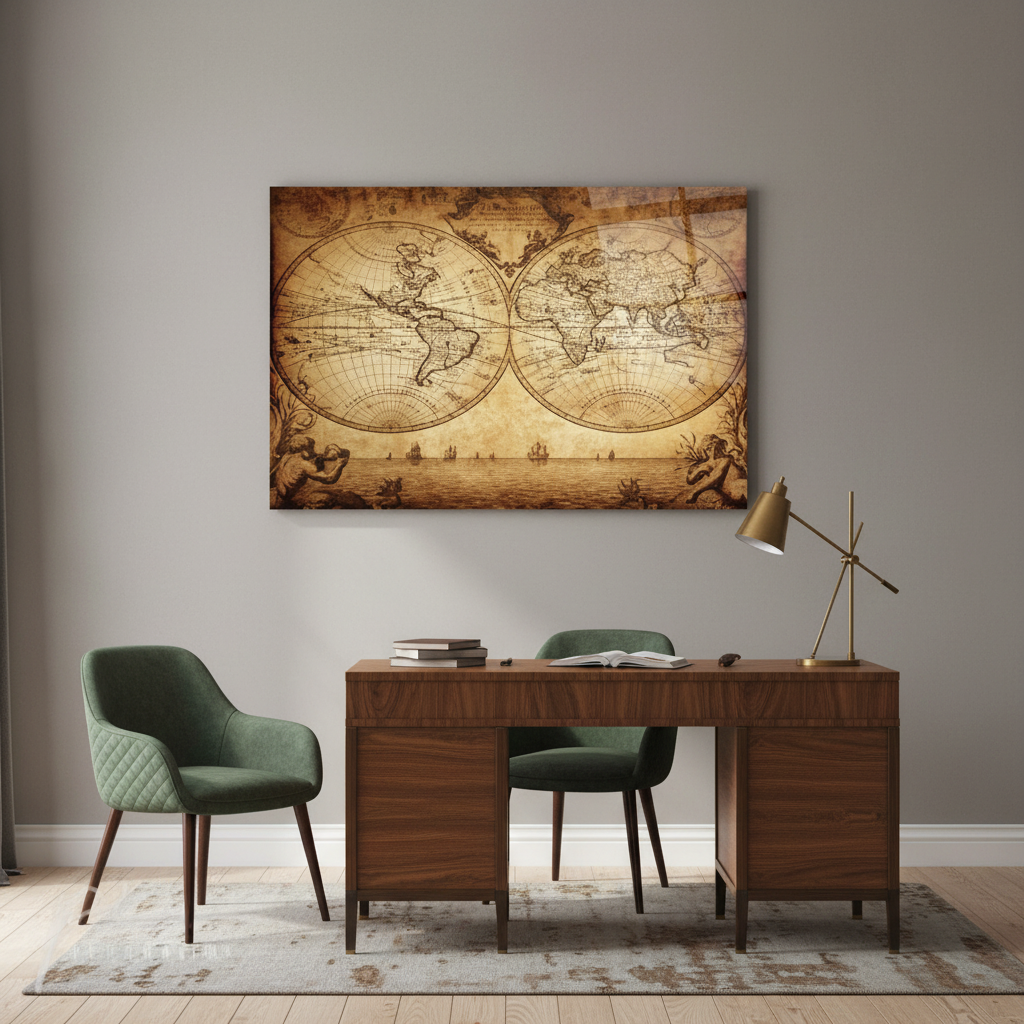 Antique sepia world map glass wall art in a luxury office
