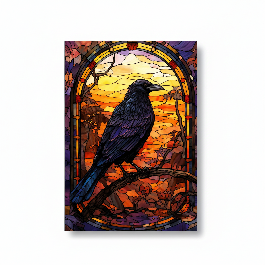 Raven Stained Glass Wall Art displayed on a clean square white background.
